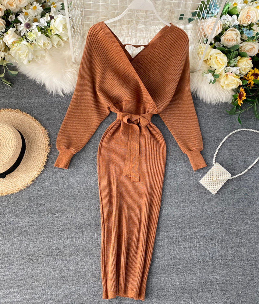 Sweater dress v neck long sleeve dress  173
