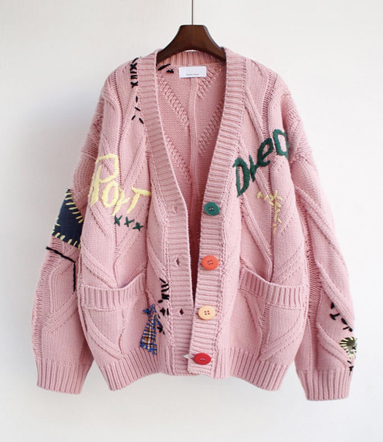 Burgundy/pink/white new retro fashion loose casual colorful button design cardigan sweater 142