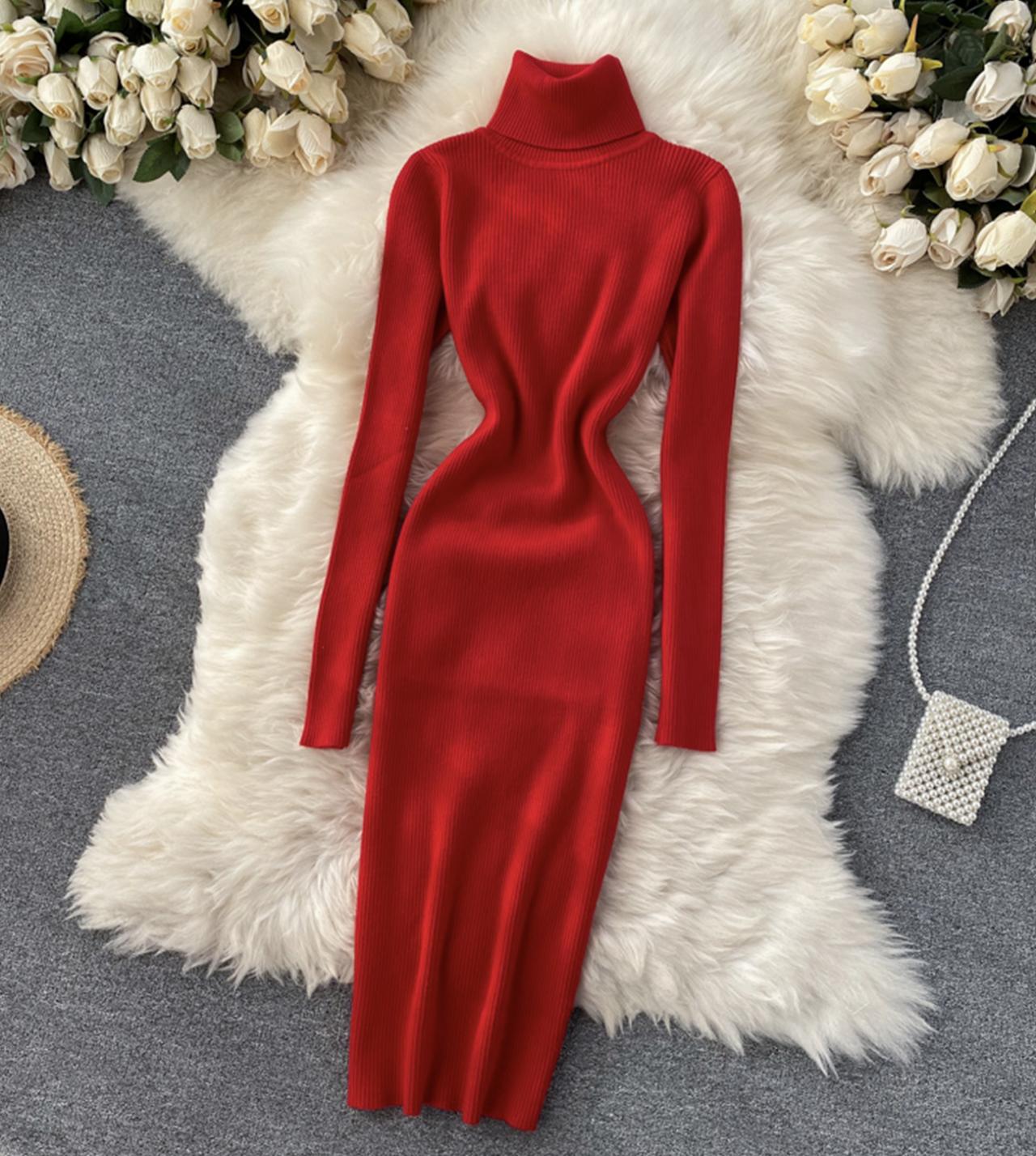 Sweater high neck long sleeve sweater dress  169