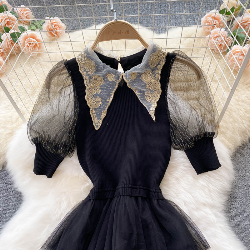 Robe trapèze en patchwork tricotée noire élégante 160