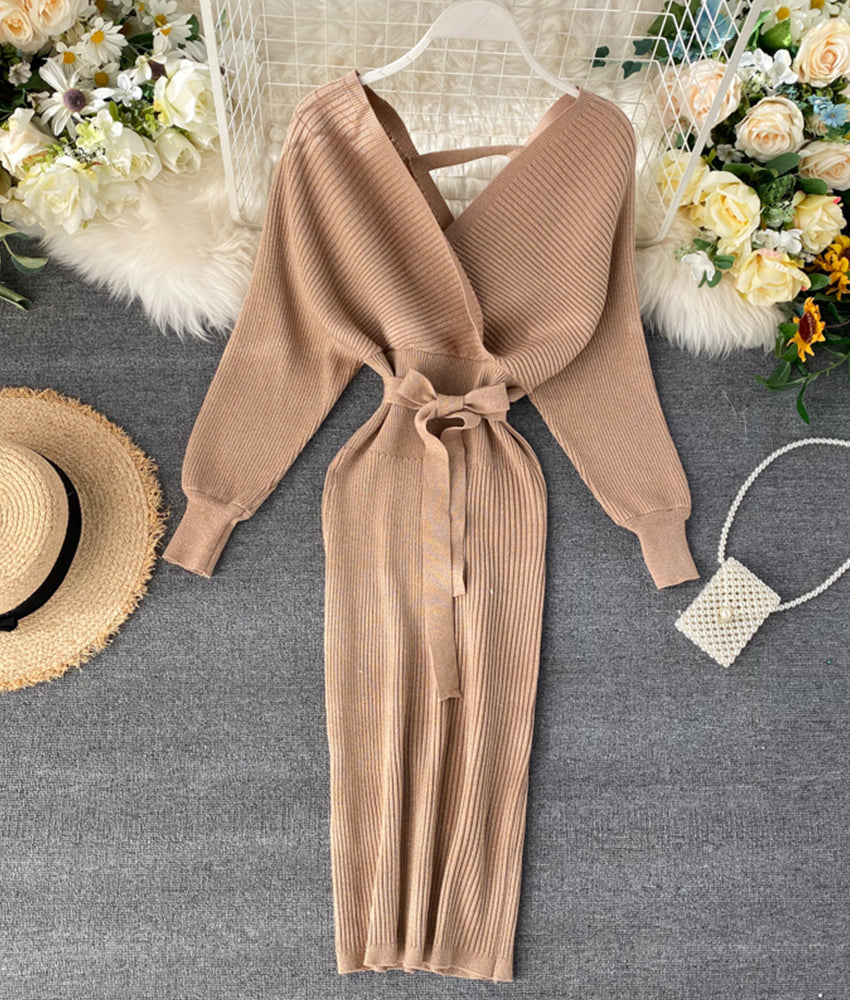 Sweater dress v neck long sleeve dress  173