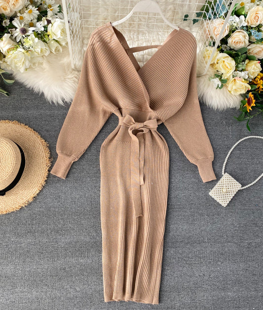 Sweater dress v neck long sleeve dress  173