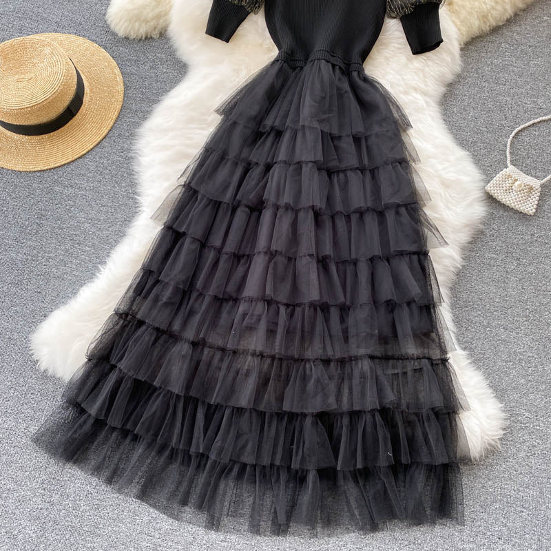 Robe trapèze en patchwork tricotée noire élégante 160