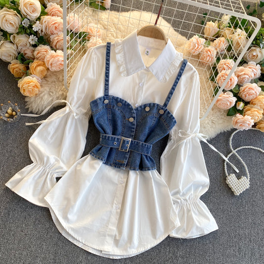 Chemise simple, manches bouffantes, camisole en jean ample et polyvalente, costume deux pièces empilable 261