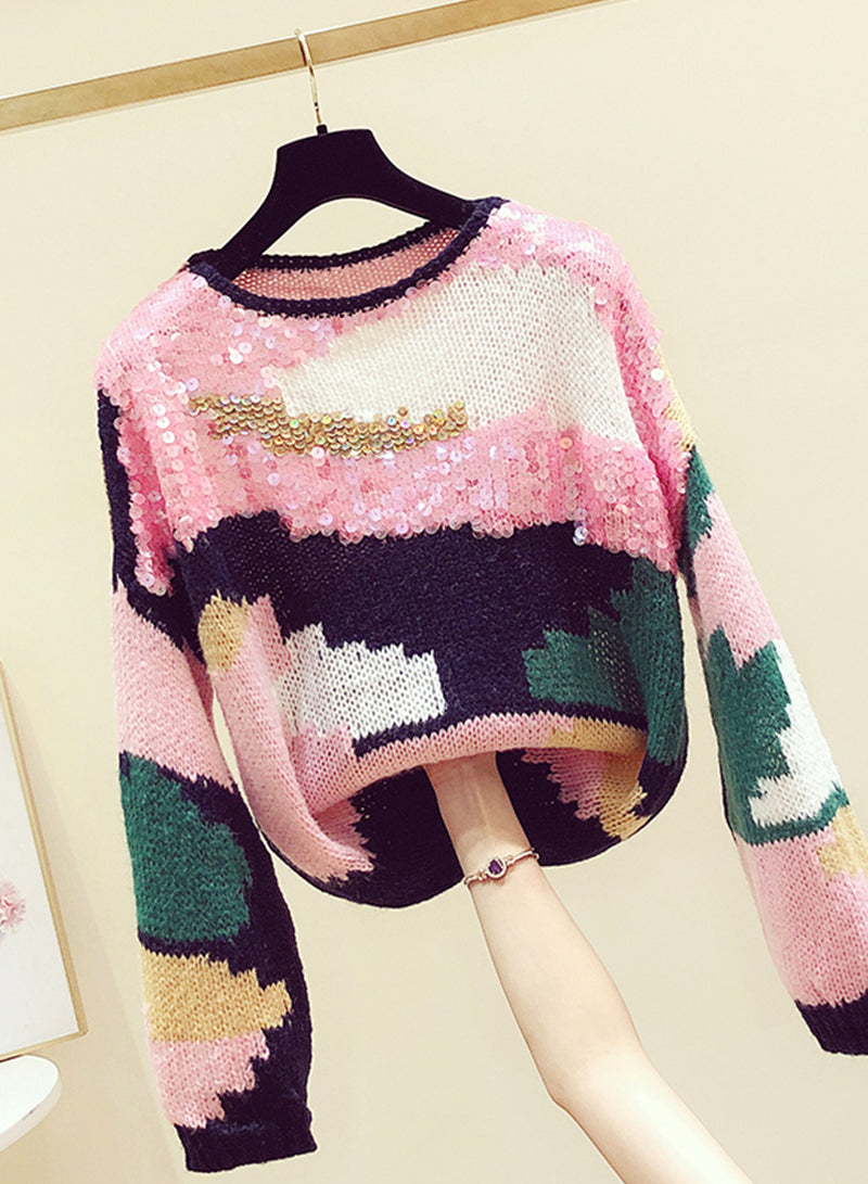 Cute colorful long sleeve sweater round neck sequins sweater  130