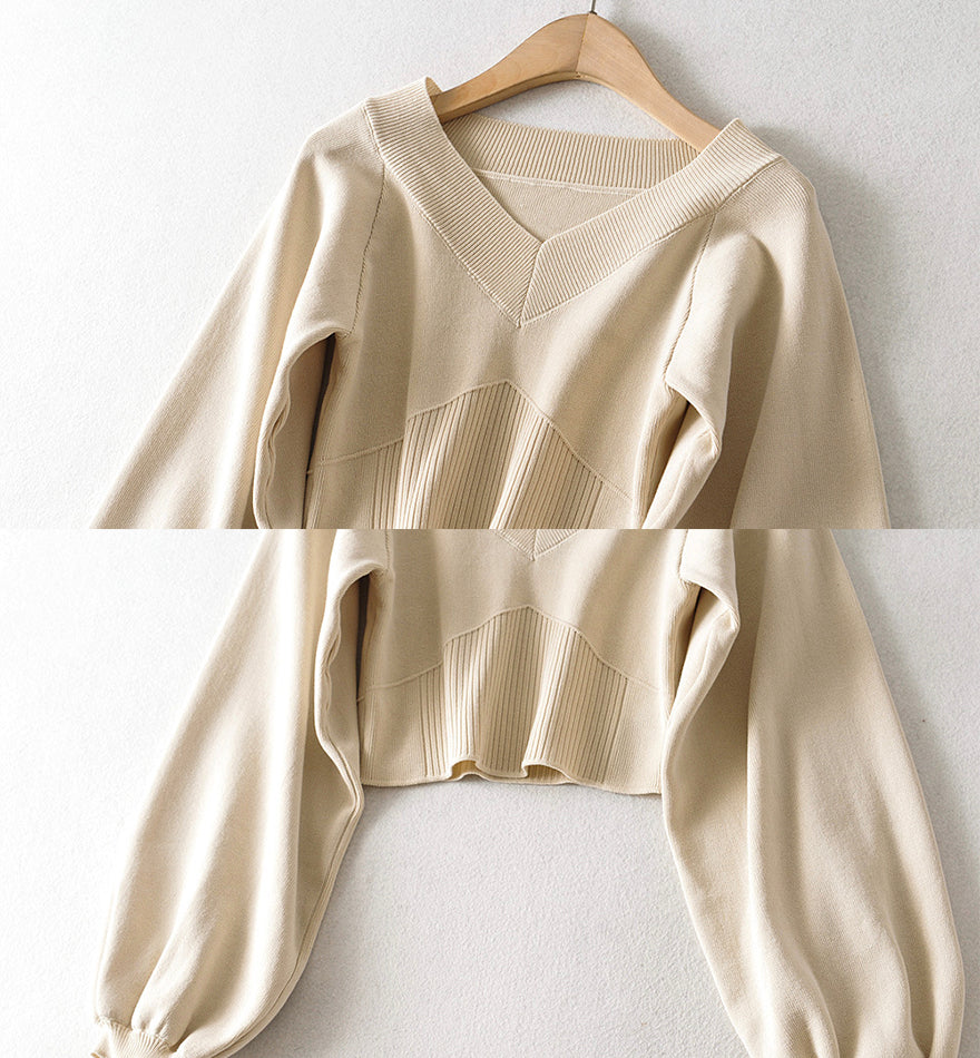 Einfacher Langarm-Pullover mit V-Ausschnitt 144
