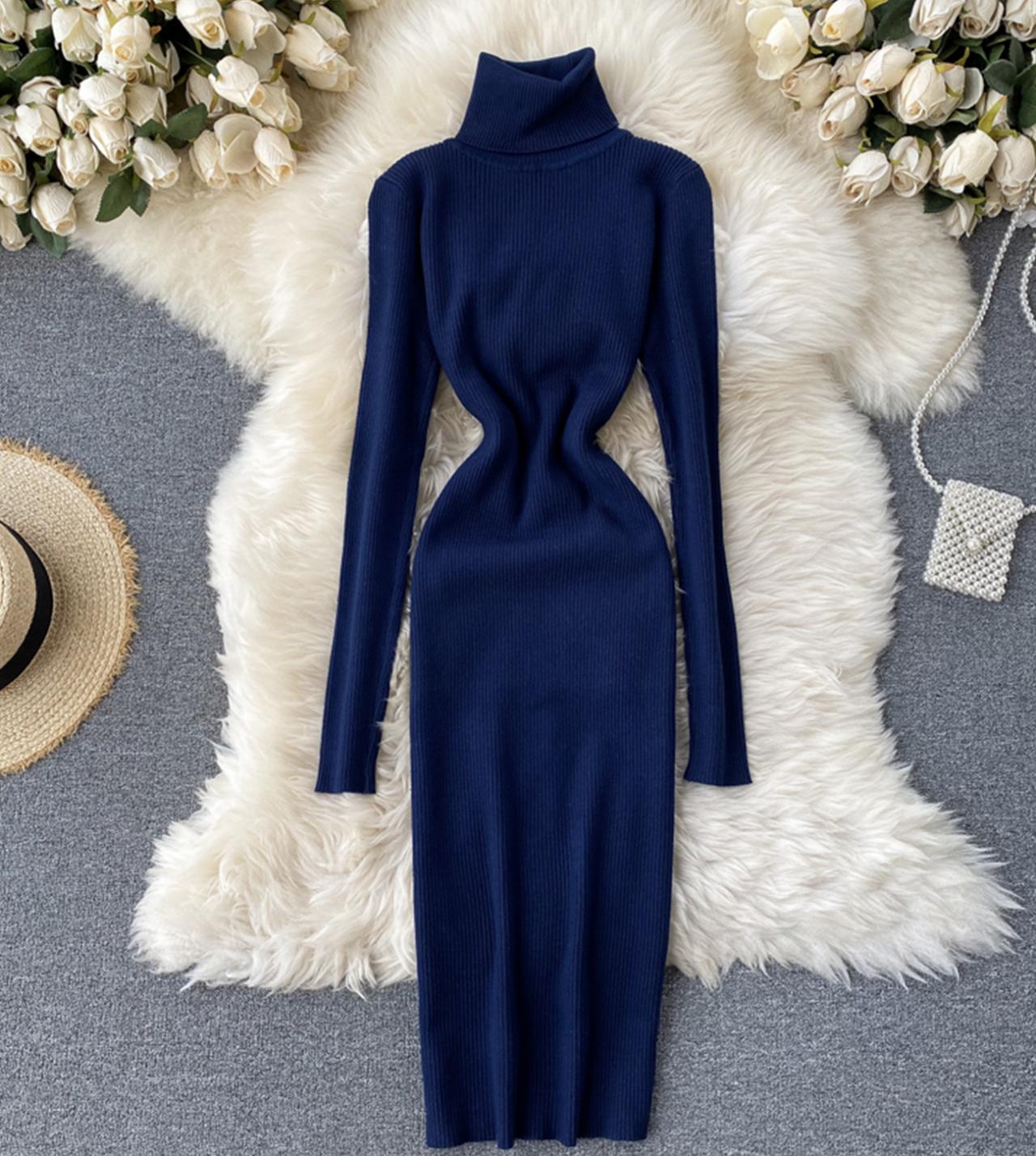 Sweater high neck long sleeve sweater dress  169