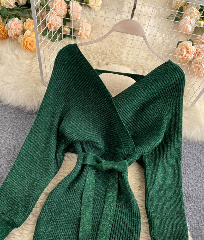 Sweater dress v neck long sleeve dress  173