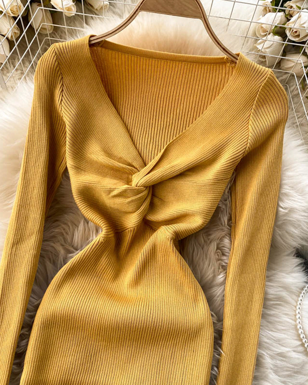Knitted dress v neck long sleeve dress  181