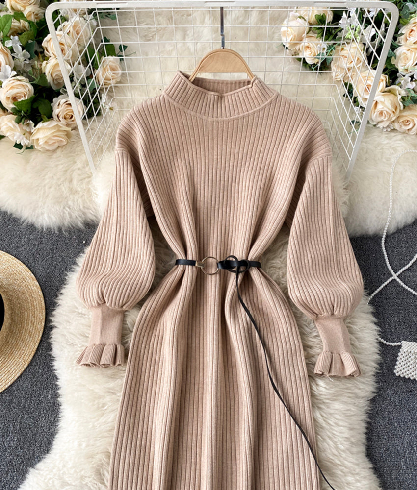 Simple A line long sleeve sweater dress  178