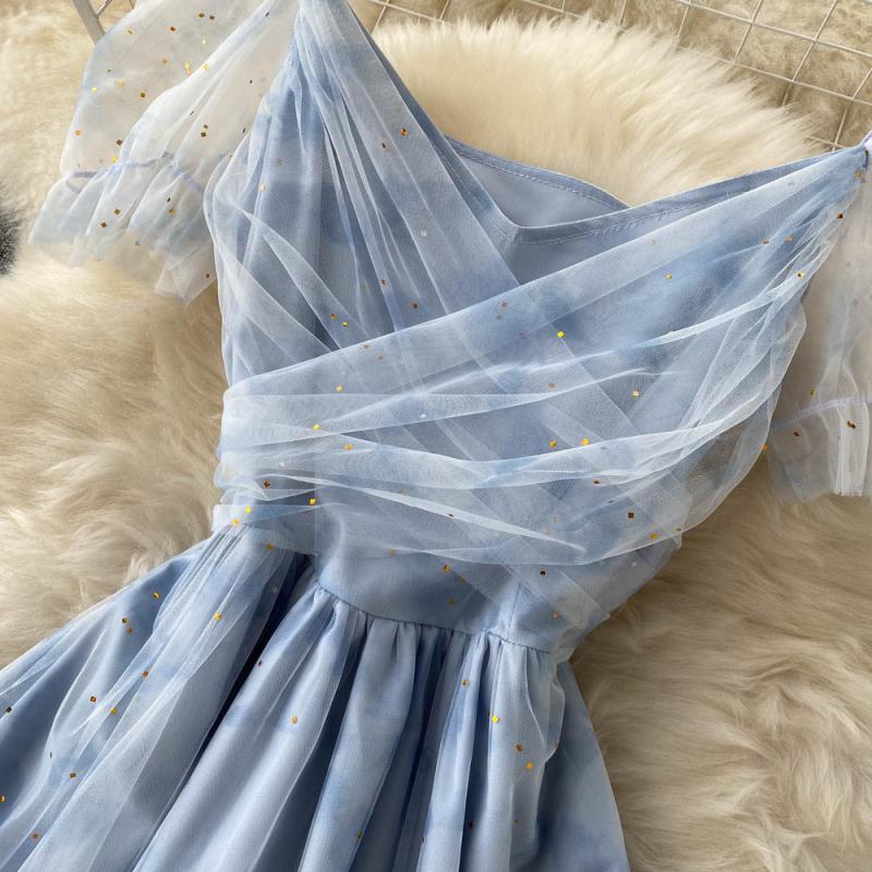 Blaues kurzes A-Linien-Kleid aus Tüll Modekleid 390