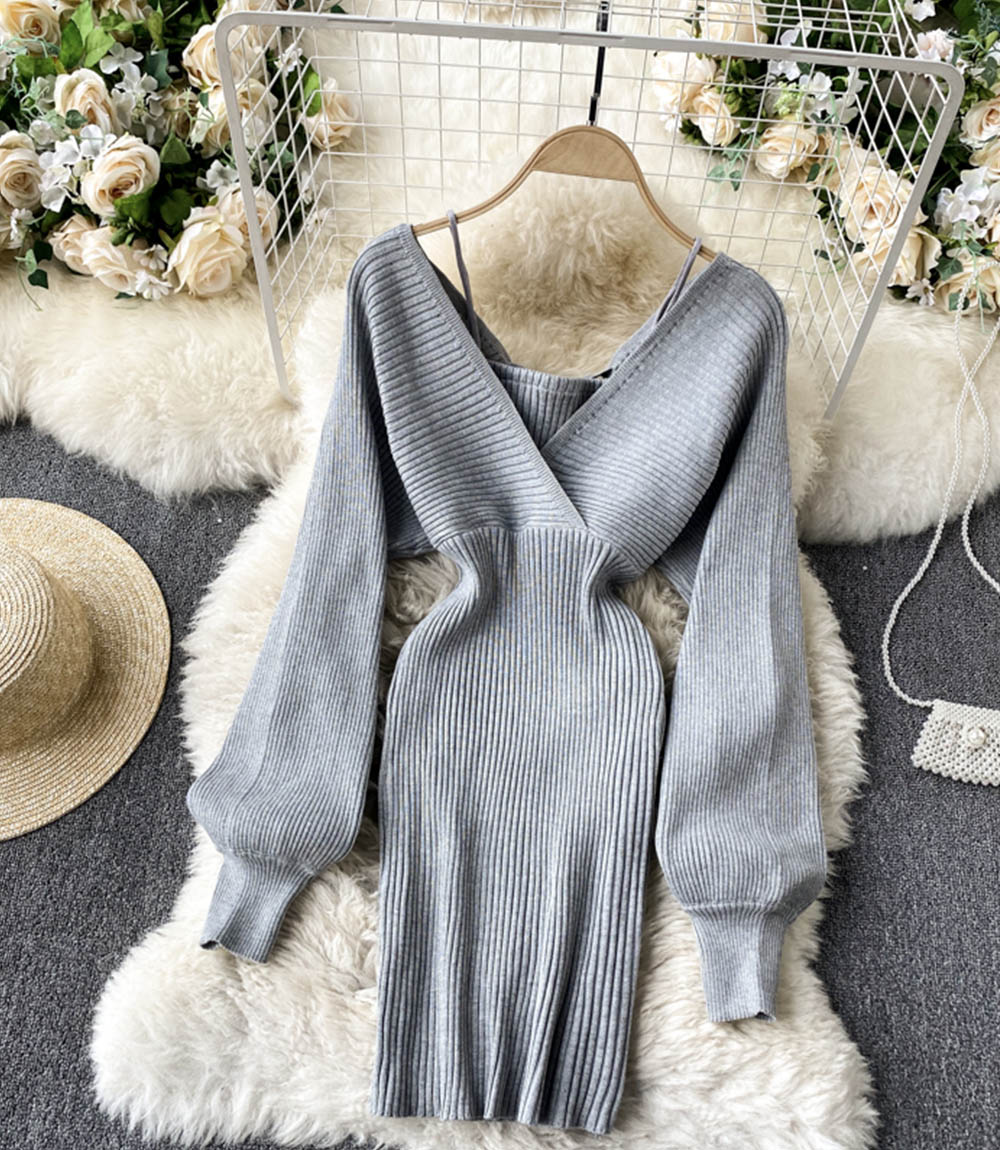 Sexy v neck long sleeve sweater dress  170