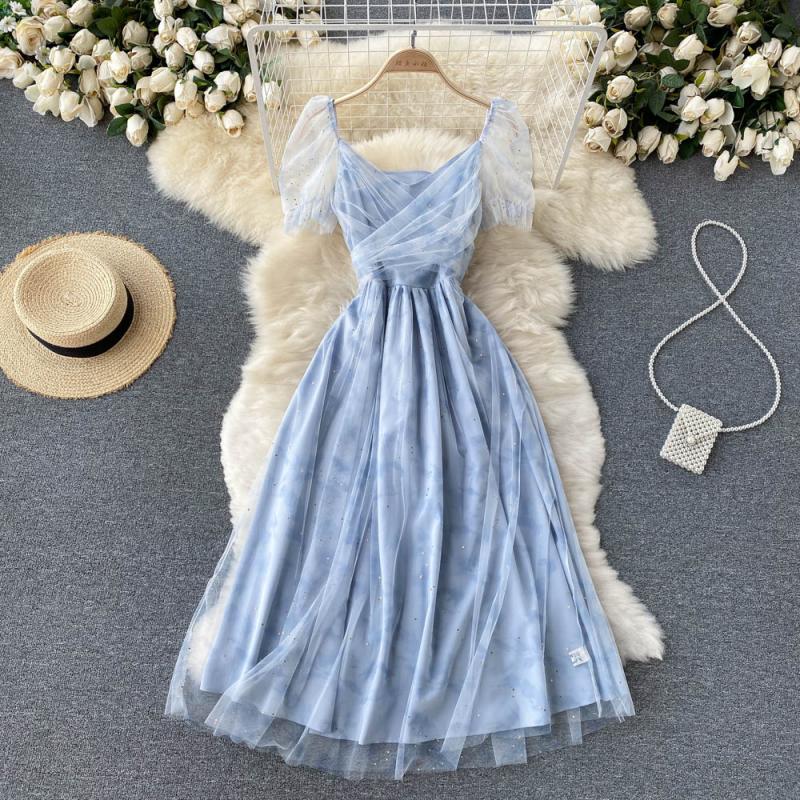 Blaues kurzes A-Linien-Kleid aus Tüll Modekleid 390