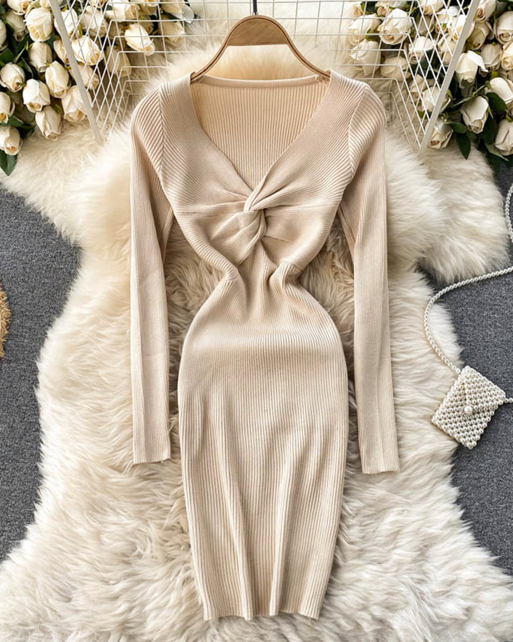 Knitted dress v neck long sleeve dress  181