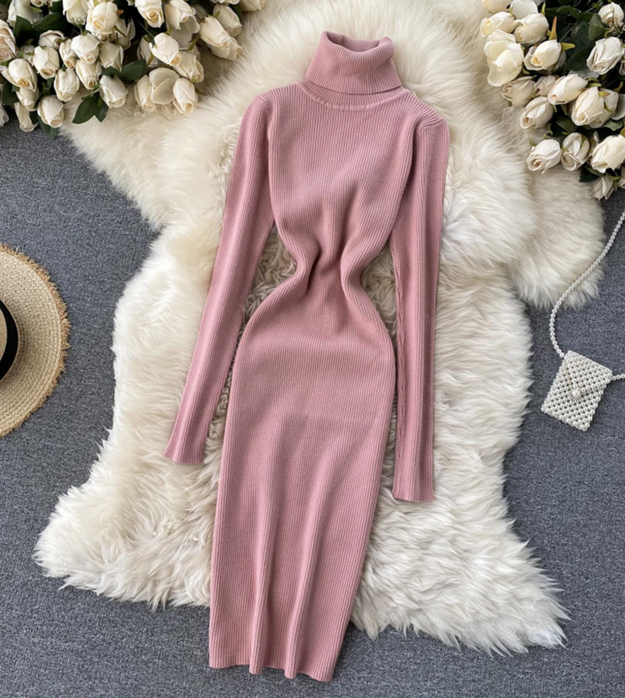 Sweater high neck long sleeve sweater dress  169