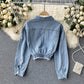 Haut court à manches longues en denim bleu 246