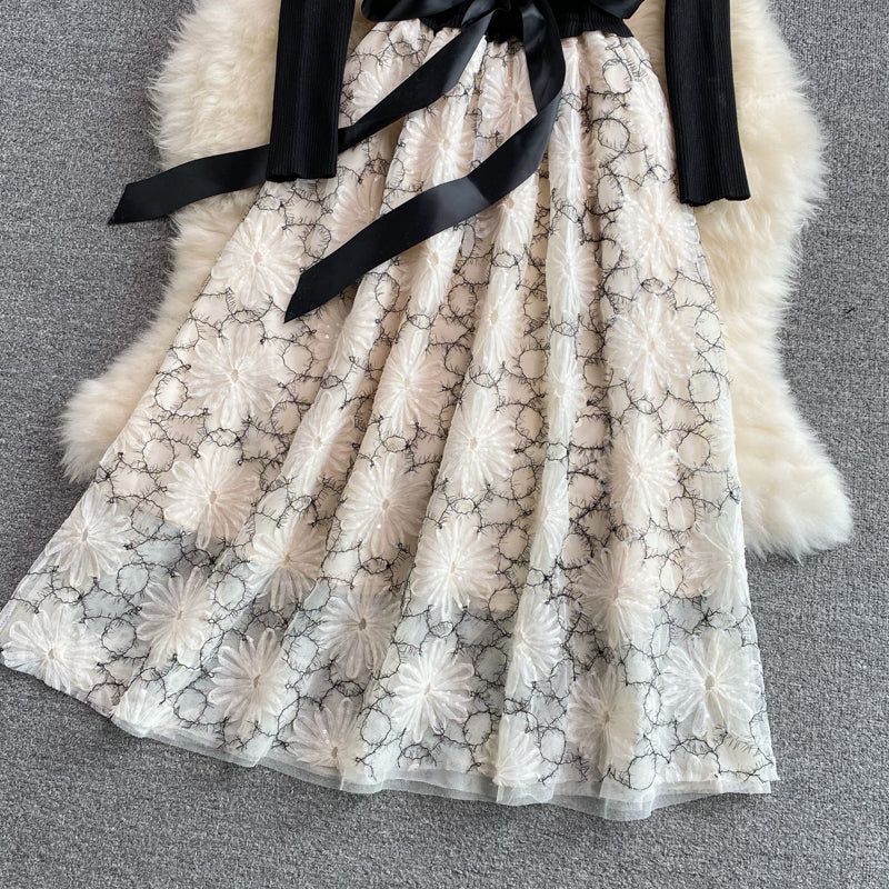 Lovely stitching long sleeve dress  159