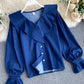 Sweet denim long-sleeved top cute blue lapel top  382