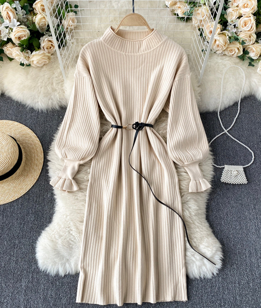 Simple A line long sleeve sweater dress  178