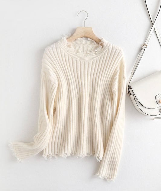 Pull blanc à franges, pull blanc à manches longues, haut 110
