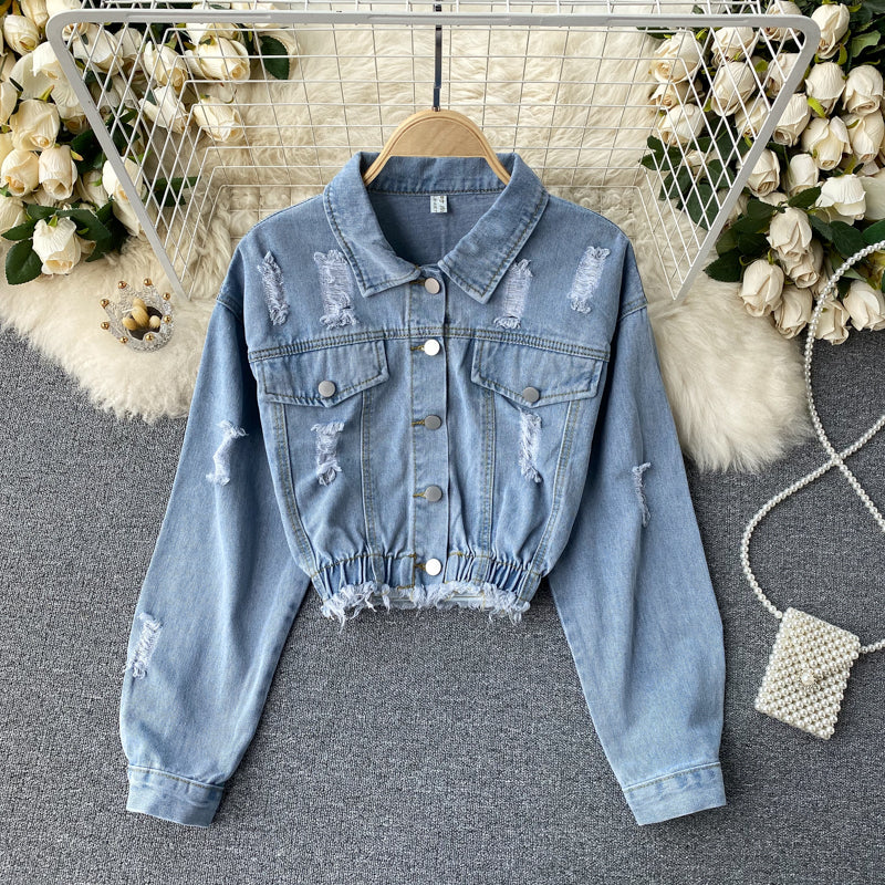Haut court à manches longues en denim bleu 246