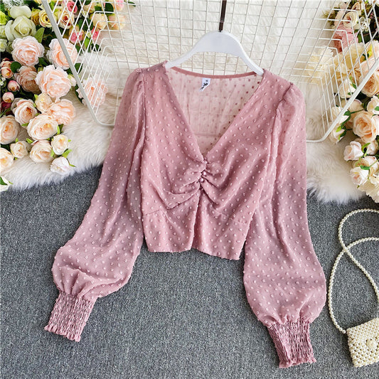 Cute v neck long sleeve crop tops  311