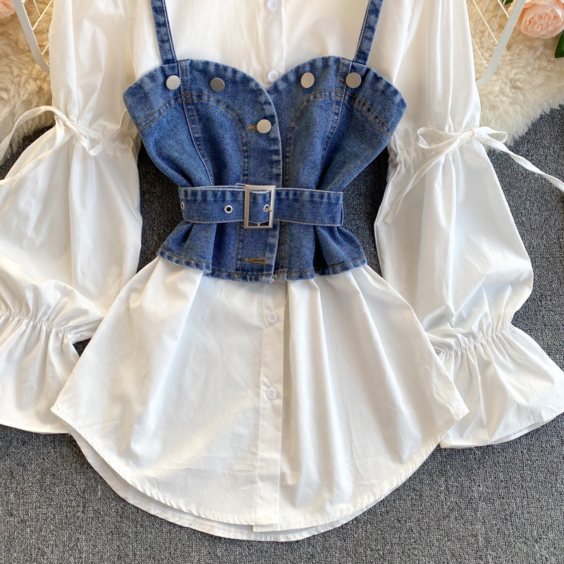 Simple shirt, puff sleeves, loose, versatile denim camisole, stacking two-piece suit  261