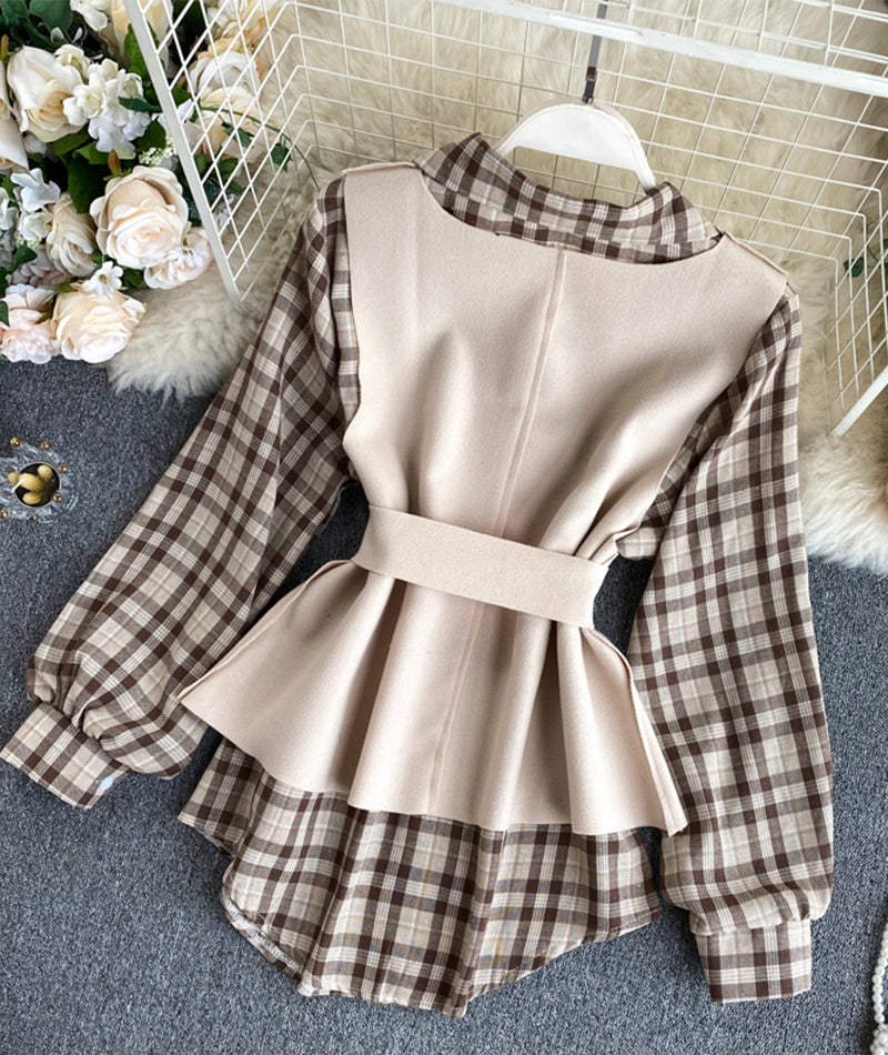 Unique plaid shirt + vest two-piece suit  384
