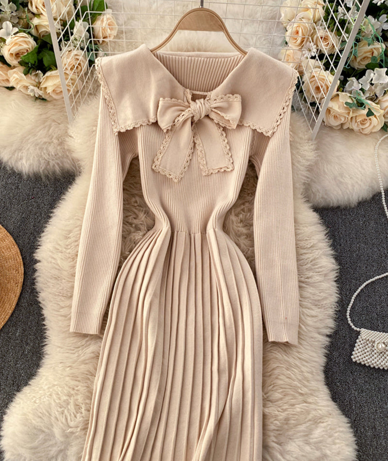 Lovely bow knitted dress long sleeve dress  190