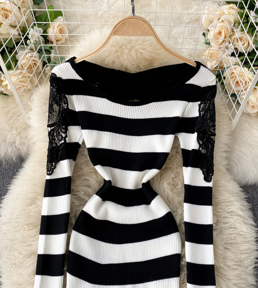 Sexy long sleeve knitted sweater lace panel sweater  191