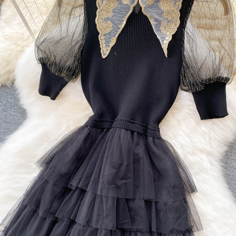 Robe trapèze en patchwork tricotée noire élégante 160