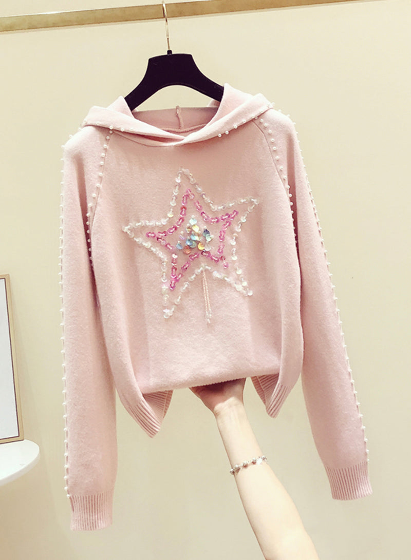 Rosa Langarm-Pullover Rundhals-Kapuzenpullover 242