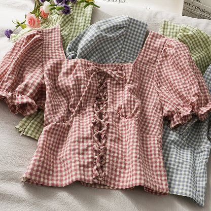 Cute Plaid Short Sleeve Top  301