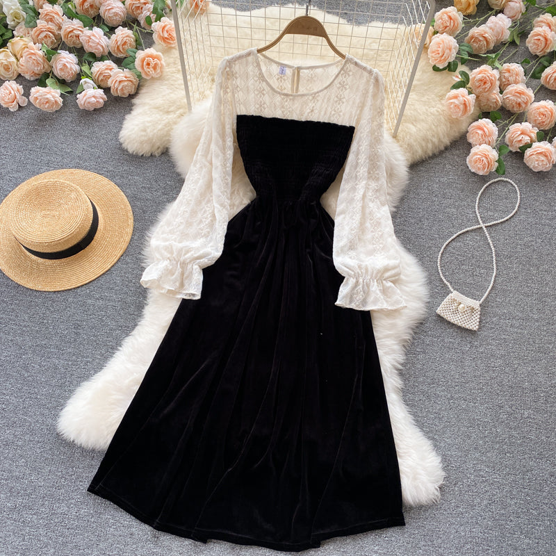 Lovely stitching long sleeve dress  440