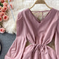 Süßes Langarmkleid mit V-Ausschnitt, Modekleid 408