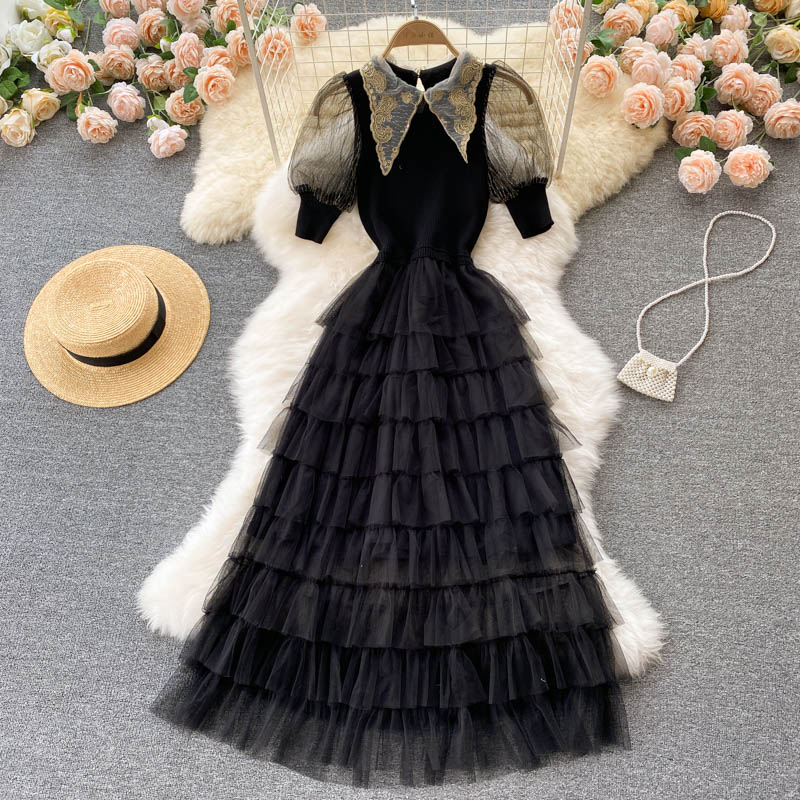 Robe trapèze en patchwork tricotée noire élégante 160