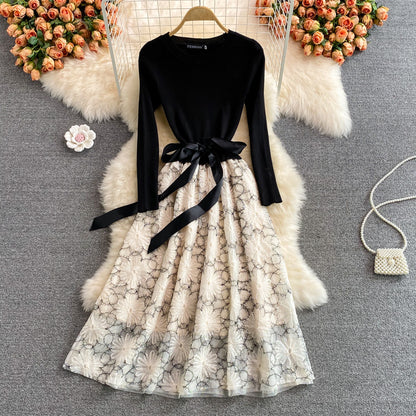 Lovely stitching long sleeve dress  159