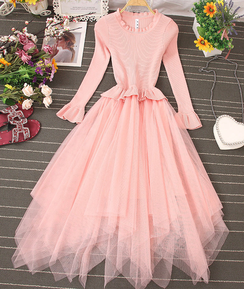 Schönes A-Linien-Patchwork-Kleid aus gestricktem Tüll 204
