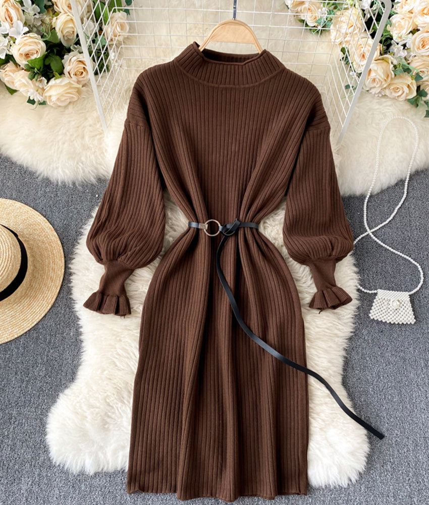Simple A line long sleeve sweater dress  178