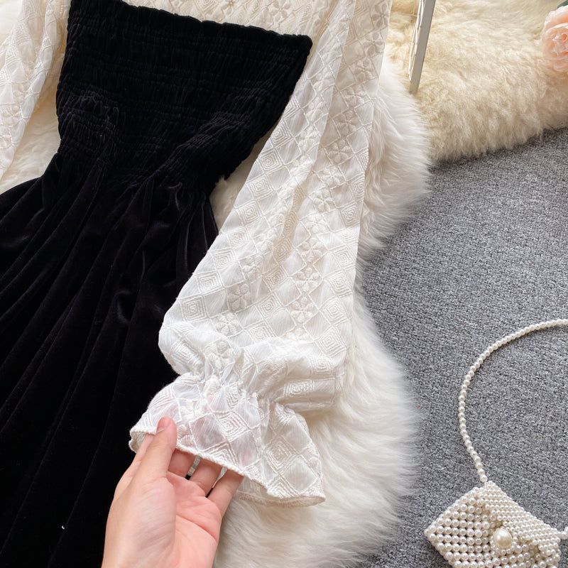 Lovely stitching long sleeve dress  440