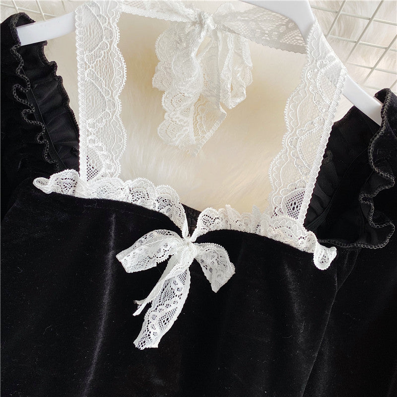 Black velvet long sleeve tops  319
