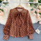 Retro bow round neck long-sleeved check chiffon shirt  316