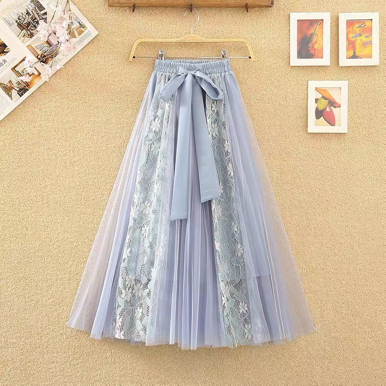 Fairy swing skirt, new style, bow, lace stitching, mesh high waist skirt, shaggy long gauze skirt  3520
