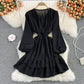 Süßes Langarmkleid mit V-Ausschnitt, Modekleid 413
