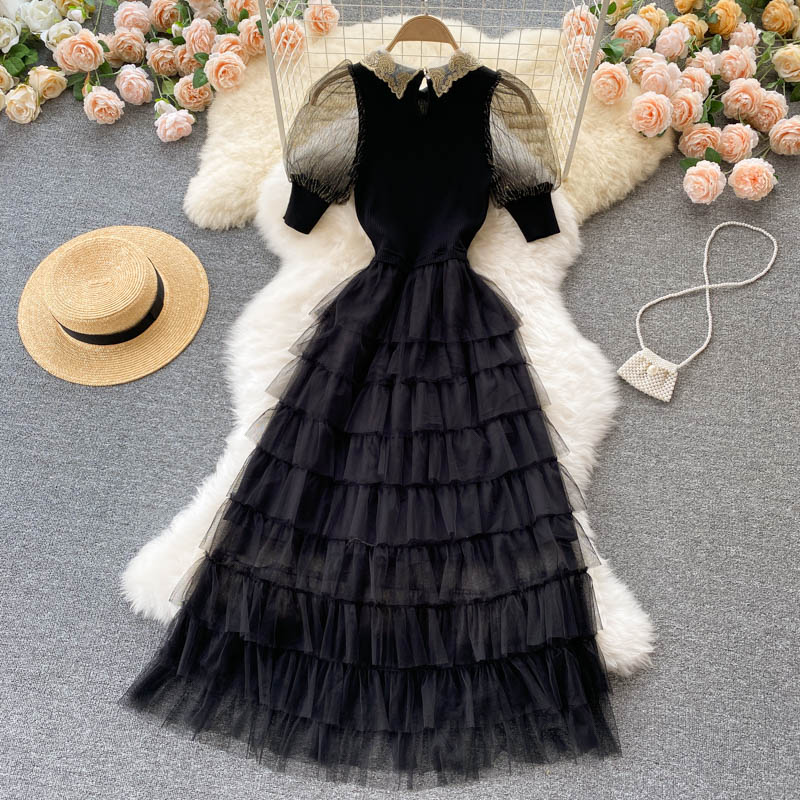 Robe trapèze en patchwork tricotée noire élégante 160