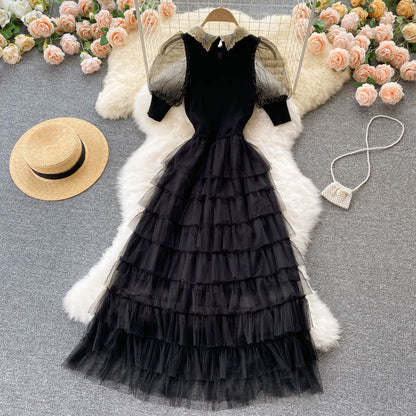 Robe trapèze en patchwork tricotée noire élégante 160