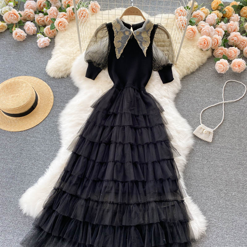 Robe trapèze en patchwork tricotée noire élégante 160