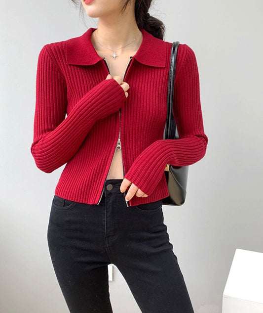 Pull à manches longues zippé à la mode, pull cardigan court 115