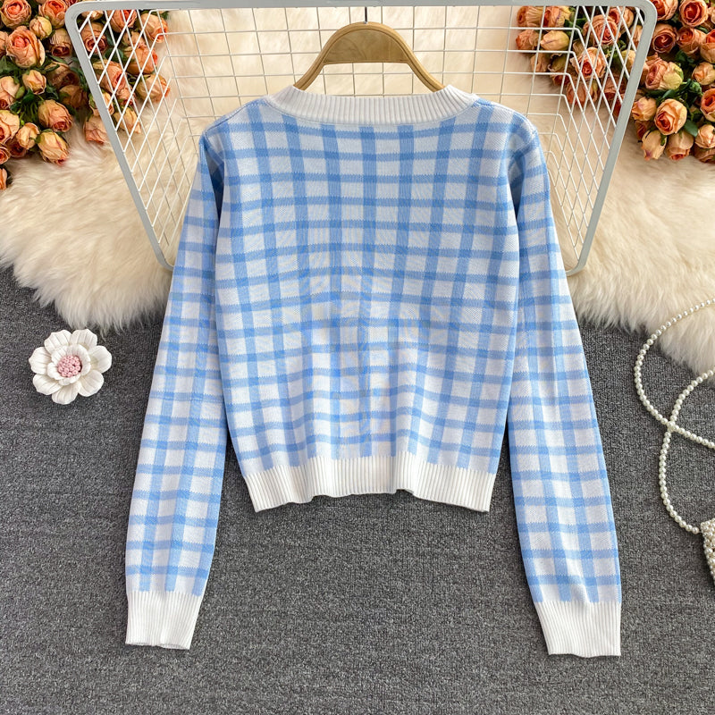 Cute Plaid Long Sleeve Cardigan Sweater  141