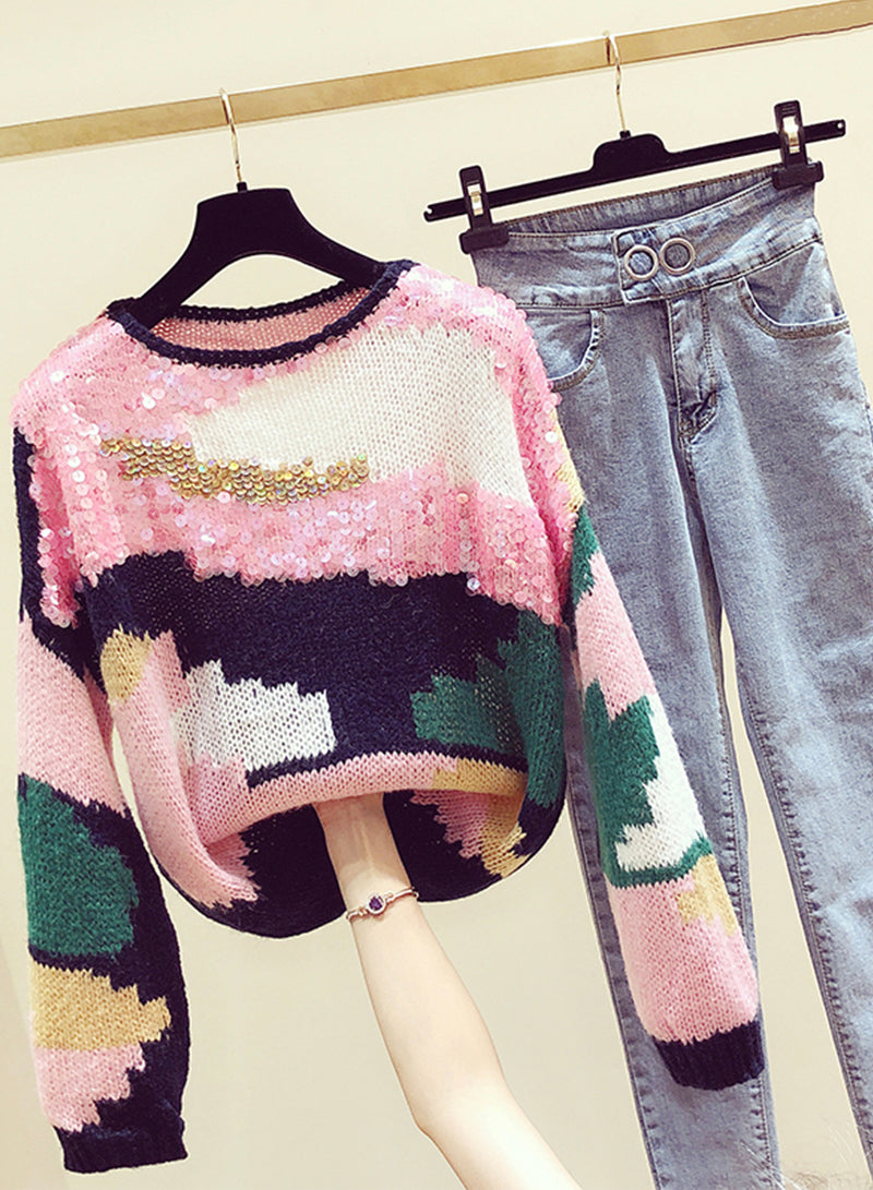Cute colorful long sleeve sweater round neck sequins sweater  130